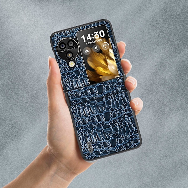 Abeel Fodral för Oppo Find N3 Flip 5g, Äkta Läderbelagd PC-skydd med Hängselskydd Blue