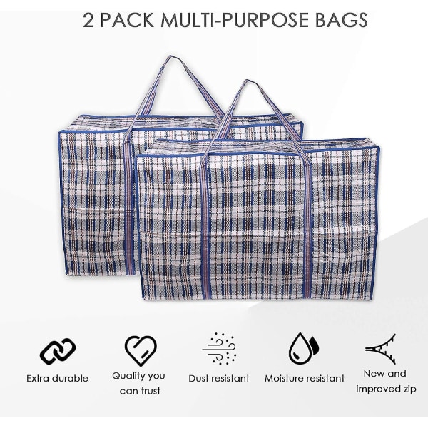 2-pak opbevaringstaske, tøjopbevaringspose med stor kapacitet Flytteposer med lynlås til vasketøj, flytning, indkøb (blå, 70cm*50cm*25cm)
