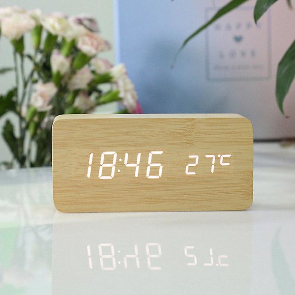 Smart multifunktionell väckarklocka LED-display lysande temperatur dubbel display väckarklocka USB träklocka Rectangular bamboo White light