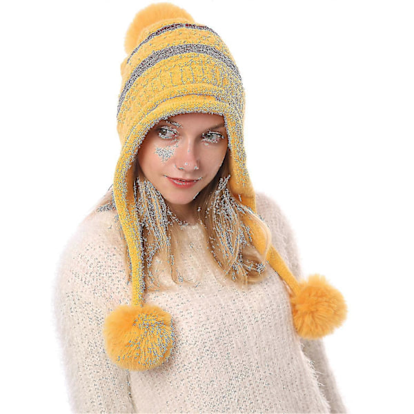 Naisten perulainen korvaläpällinen pipohattu neulottu pom pom talvi lumisade hiihtohattu yellow