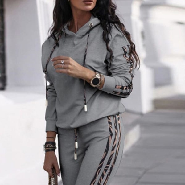 Kvinders Stribede Casual Activewear-outfits Langærmet hættetrøje Hættetrøjer Toppe Joggingbukser Træningsdragt med snoretræk Gray XL