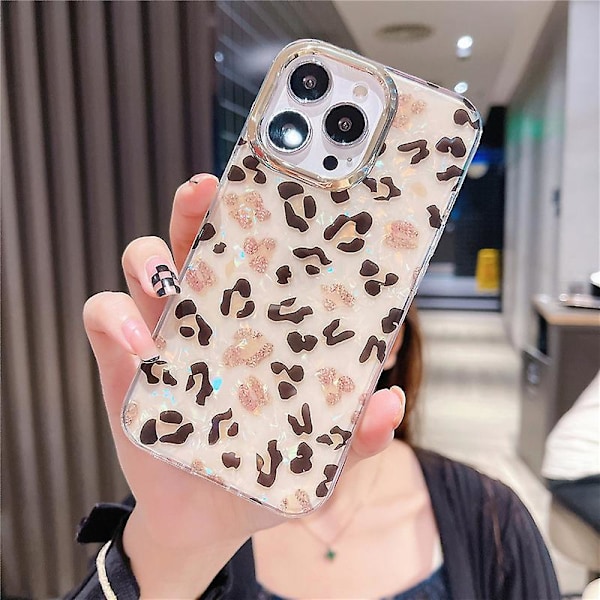 Til iPhone 14 Pro Etui IMD Mønster PC+TPU Telefon Cover med Elektroplettering Linse Ramme Y4 Glitter Leopard