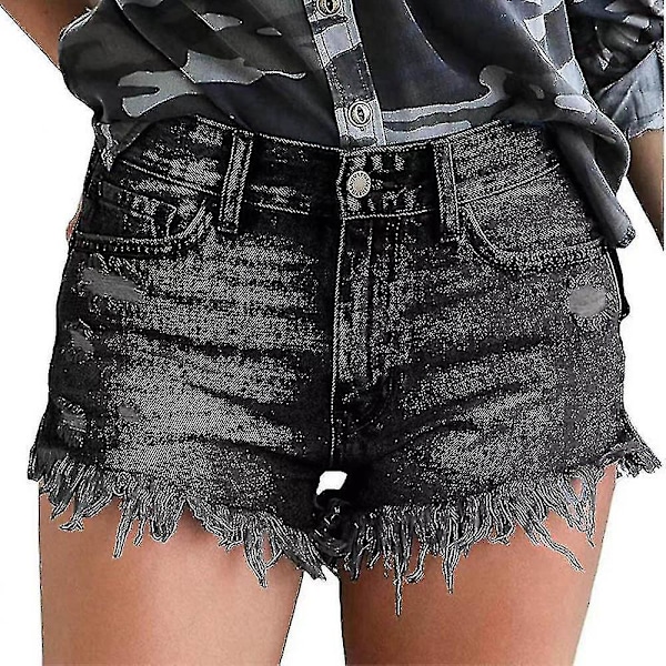 Dame Denim Shorts Mid Waist Ripped Raw Hem Jeans Shorts Til Sommer Black 2XL