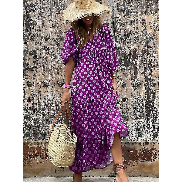 Sommer Kjole med Puffærmer Lang Dame Løstsiddende Boho Blomsterkjole Mode Ferie Strand Vintage Kjole Elegant Geometrisk Print Vestido Purple XL