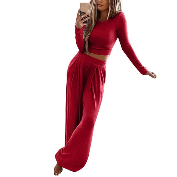Women's Solid Long Sleeve Casual Outfit Knitted Tops Pants 2 Piece Knitwear Wide Leg Trousers Set Loungewear Plus Size Red S