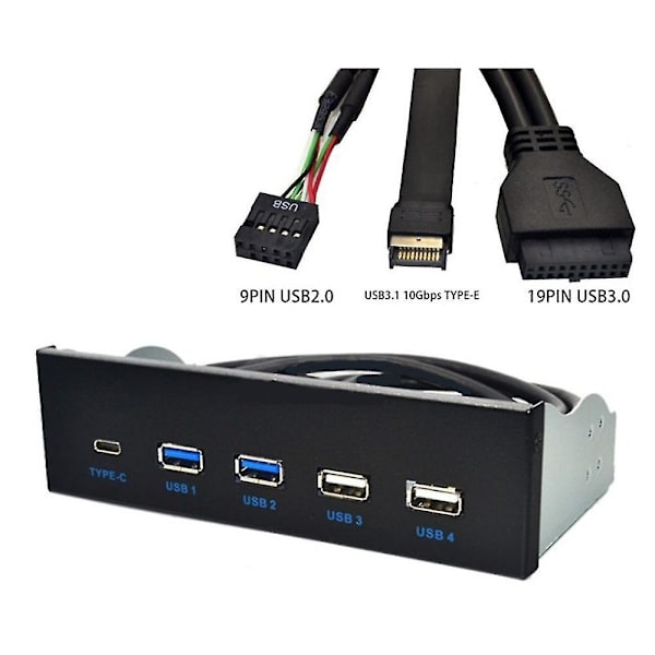 5,25 Tums USB3.1 Gen2 Frontpanel USB-hub 2 Portar USB3.0 + 2 Portar USB2.0 + 1 Port Typ-C med Typ-E C