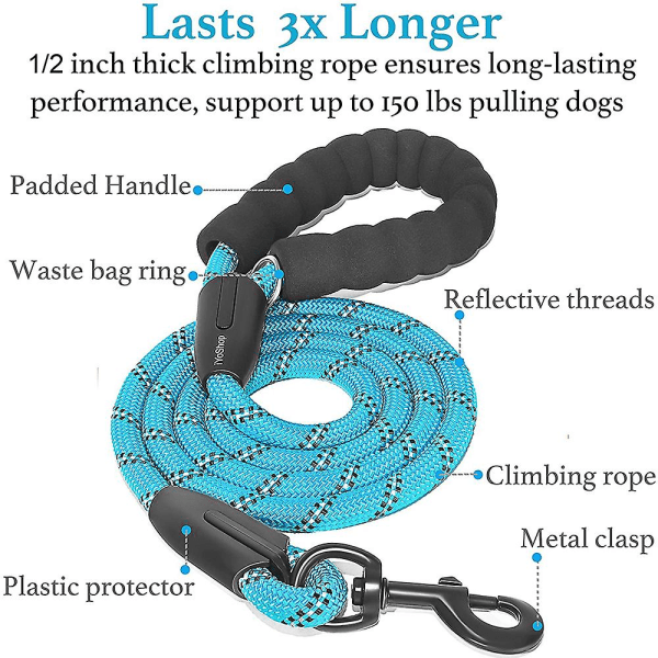 6 fod stærk hundesnor med komfortabelt polstret håndtag og stærkt reflekterende tråde hundesnore til mellemstore og store hunde (18-150 lbs)