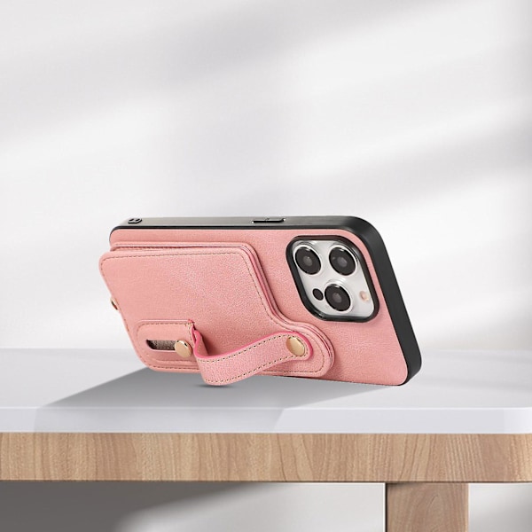 Fodral för Iphone 14 Pro Max med stativ och kortfack i TPU+läder Pink