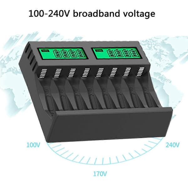 8-sporers Batterilader med LCD-skjerm for AA/AAA Oppladbare Batterier