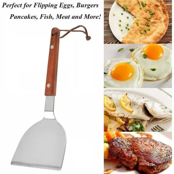 Ny 2-delt BBQ-spatel, Teppanyaki-spatel, Spatel i rustfritt stål med trehåndtak, Multifunksjonell stekespade.