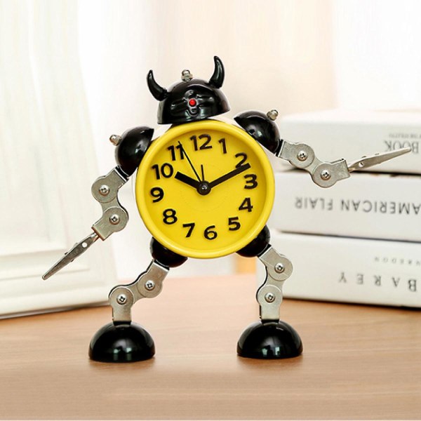 Non-ticking Robot Alarm Clock Stainless Metal Wake-up Clock With Flashing Eye Lights And Hand Clip (yellow)