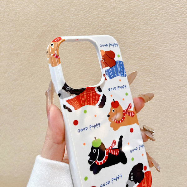 For iPhone 15 Case Glossy Fashion Magnetic Phone Back Cover Doodle Puppy Design