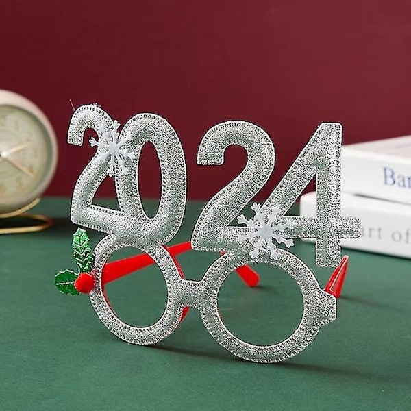 Uudenvuoden 2024 lasit Kehyksen valokuvausrekvisiitta Hauskat joulukoristeet Xmas Navidad Lahjat Uudenvuoden aaton juhlasuosio Koristeet 1pcs Silver