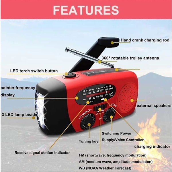 Veva radio med solceller & ficklampa - 2000mAh Powerbank - Svart