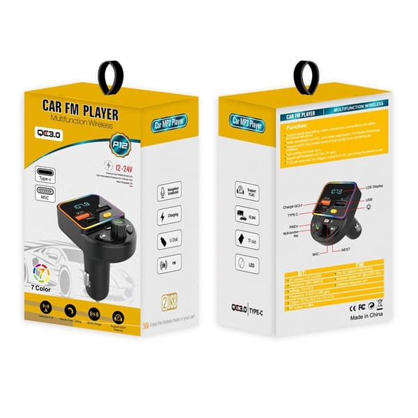 Hurtig Biloplader Universal 20W med FM-Sender - Bluetooth 5.0 - Sort