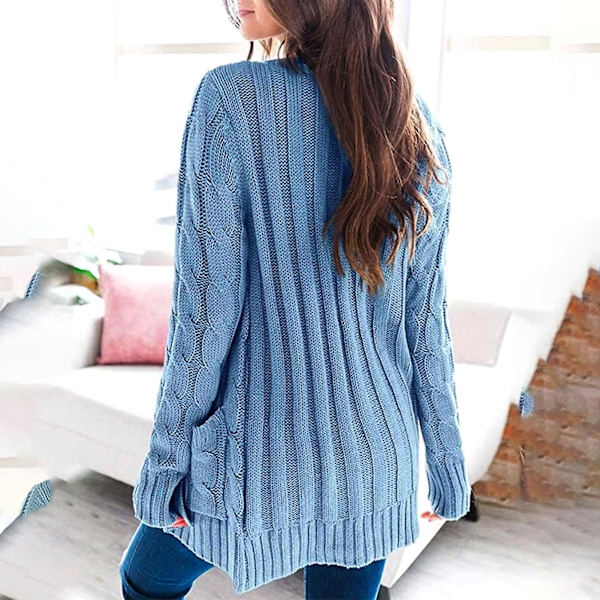Dam Cardigan med Öppen Framkant och Fickor i Midilängd, Enfärgad Light Blue S