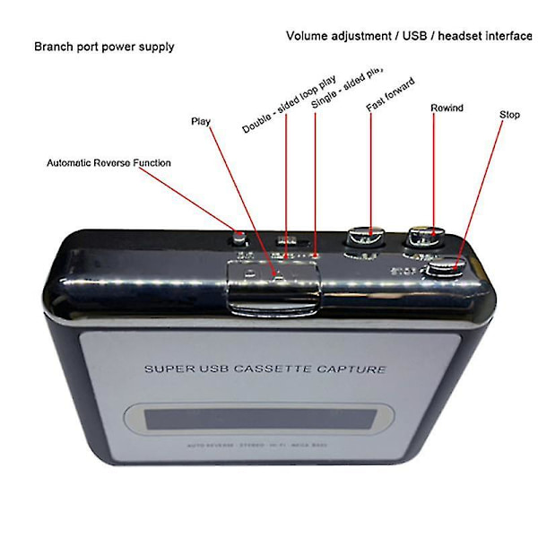 Kassett- og båndspiller, fanger opp kassettopptaker via USB, kompatibel med