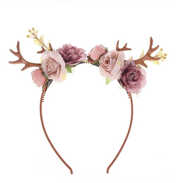 Mimigo Hodebånd med Hjortegevir og Blomster Hjortehodeband med Blomster Hodebånd for Fest Cosplay Kostyme PINK