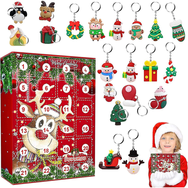 Julepynt adventskalender til børn, ornamenter juleadventskalender til jul Nedtælling med 24 stk nøglering til jul
