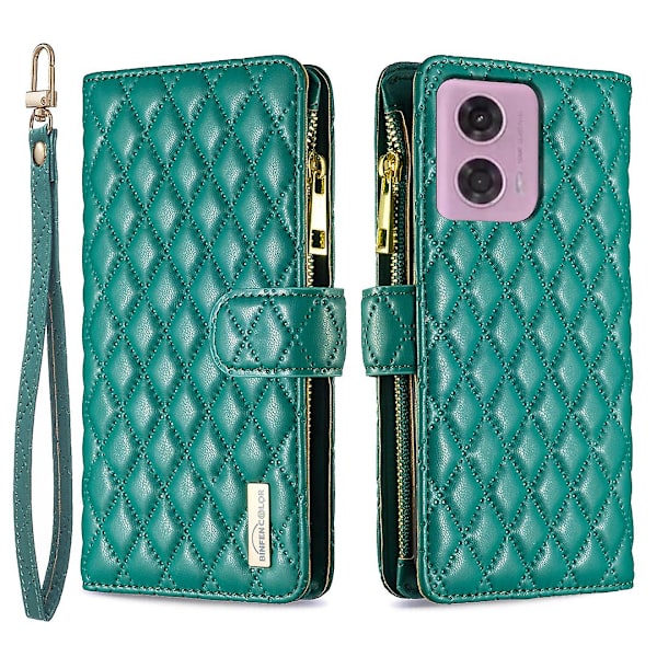 BINFEN VÄRIKÄS LOMPAKKOKOTELLO PUHELIN KOTELLO MOTOROLA MOTO G34 5G RUUDULLINEN KUvioitu KANSI VEtoketjutasku Green