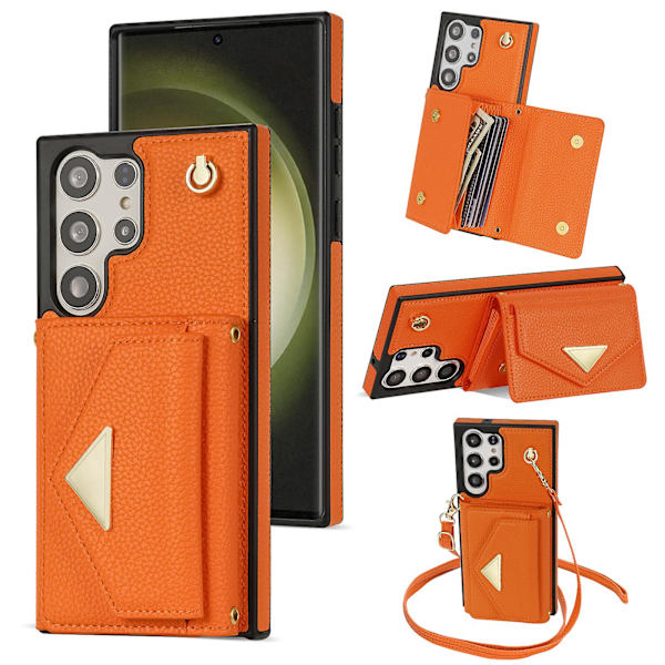 Fodral för Samsung Galaxy S24 Ultra med kortfack i läder + TPU-skydd med axelrem Orange