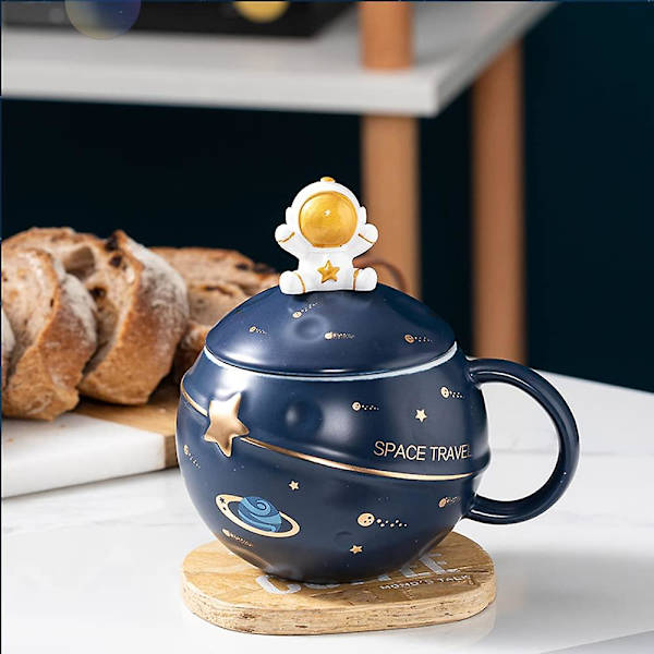 Astronaut Kop Rummet Embossed Planet Krus, Sød Keramisk Kaffe Kops, Nyhed Kops Med Låg Og Ske Til Kaffe, Te, Mælk, Æstetisk Værelse Indretning Sjov Gif