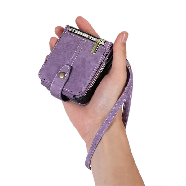 Lærveske Kompatibel Samsung Galaxy Z Flip 4 Med Kortspor&crossbody Lanyard, Telefonveske Telefonlommebok Purple