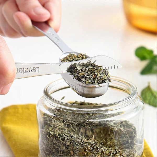 Mätsskedar i rostfritt stål för torra eller flytande ingredienser, passar i kryddburkar, set om 7 (H-4)