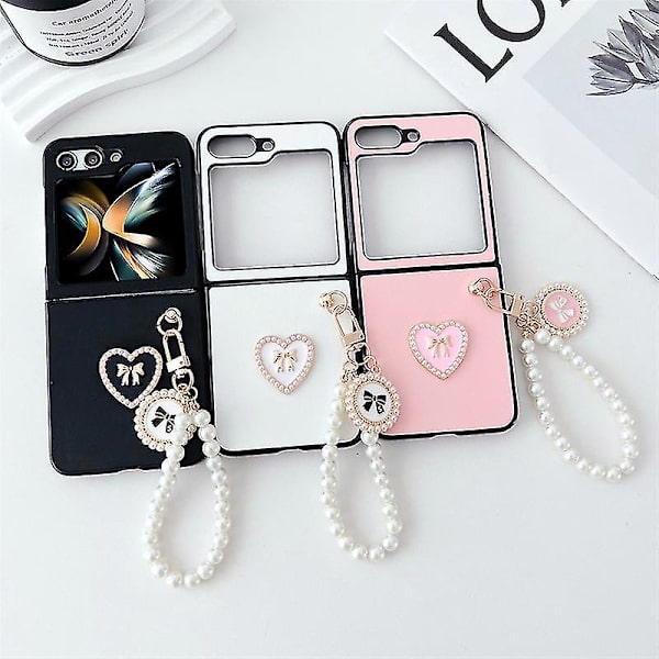 Til Z Flip 6 Etui, Sødt Kærlighedshjerte Slank PC Stødsikkert Cover Til Samsung Galaxy Z Flip 6 Med Perlearmbånd Til Kvinder White