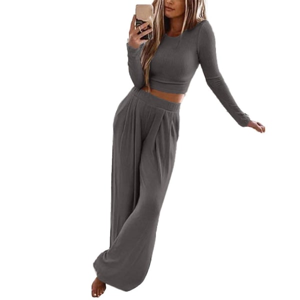 Kvinder ensfarvet langærmet afslappet outfit Strikkede toppe Bukser 2-delt strik Buksersæt med brede ben Loungewear Plus Size Dark Gray 2XL