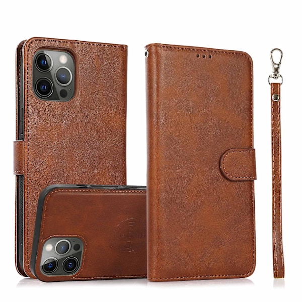 For iPhone 15 PU Leather Wallet Phone Case Stand 2-in-1 Detachable Magnetic Cover with Strap