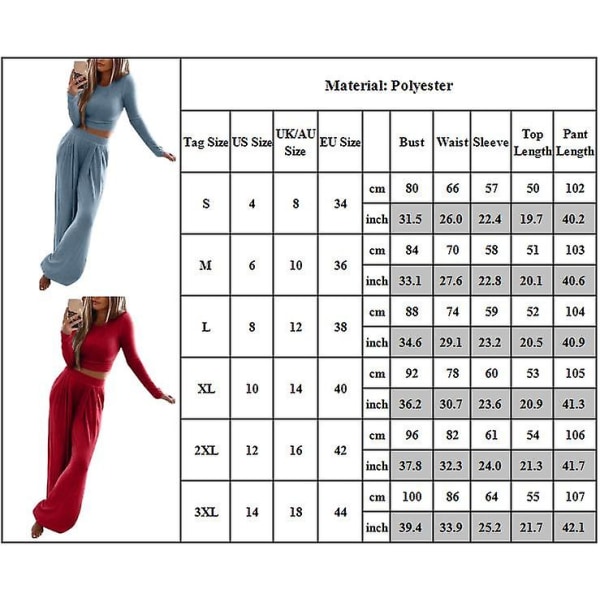 Kvinder ensfarvet langærmet afslappet outfit Strikkede toppe Bukser 2-delt strik Buksersæt med brede ben Loungewear Plus Size Blue 2XL