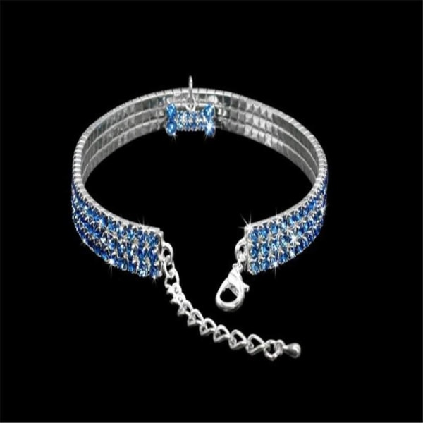 Amazing 3 Rows Rhinestone Pet Cat Dog Collars Sparkly Rhinestone Bone Jewelry Party Wedding Accessories (Blue-L)