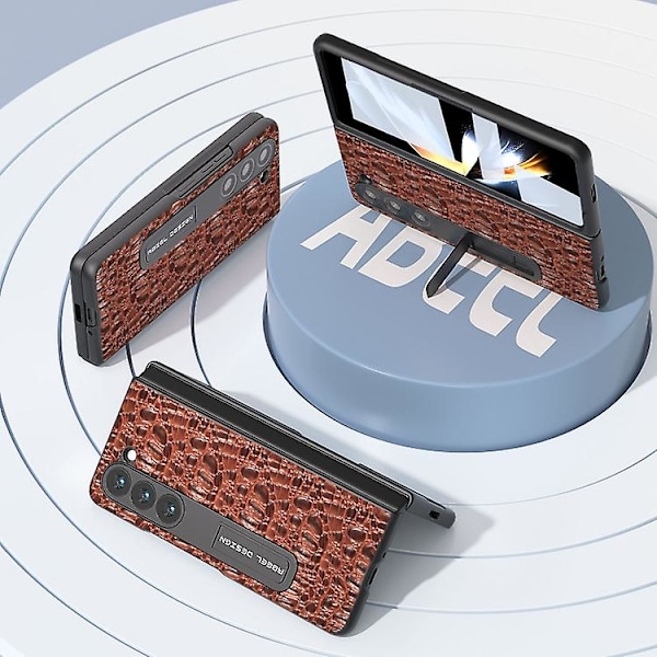 Til Samsung Galaxy Z Fold5 Abeel Integreret Ægte Læder Sky Series Mobiltelefon Etui Med Holder Brown
