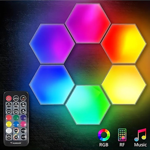 6 stk. LED Hexagon Vægskinne, Smart Modulær Honningkage Lys Med App Fjernbetjening Og Musiksynkronisering