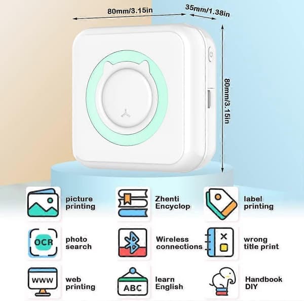 Mini Fotoprinter, Bærbar Lille Bluetooth Termisk Printer Blækfri Printer med 10 Ruller Termisk Papir til Android og iOS Smartphone, 2024 Ping