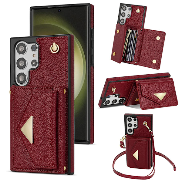 Fodral för Samsung Galaxy S24 Ultra med kortfack i läder + TPU-skydd med axelrem Wine Red