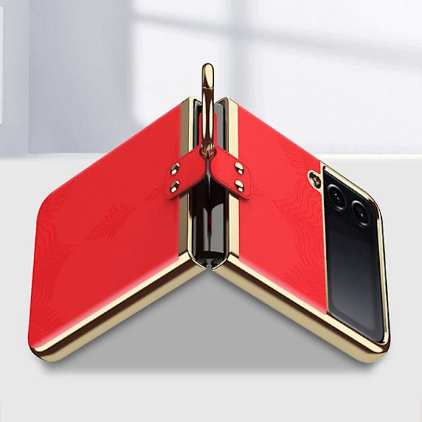 Elektropläterat Präglat Läder Mobilskal med Ring för Samsung Galaxy Z Flip4 Gold