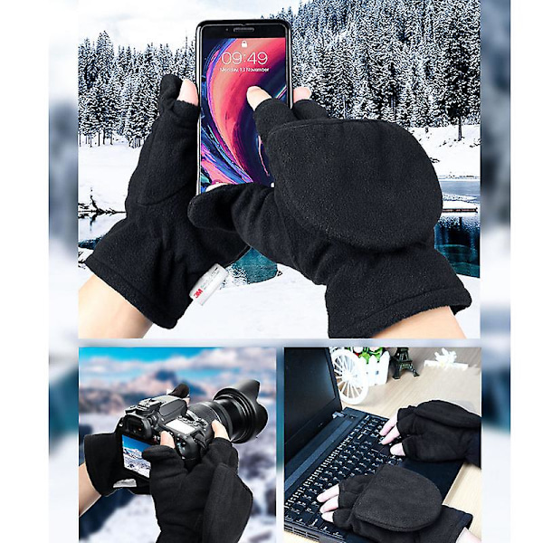 Vinterhandskar 3m Thinsulate Fingerlösa Konvertibla Varma Vantar Vindtäta Isolerande Polarfleece Varma För Män Och Kvinnor Svart XL