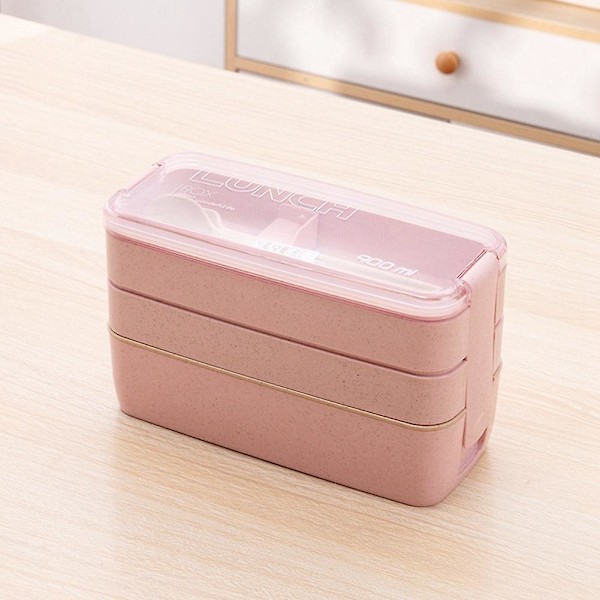 Kannettava bento-lounasrasia, 3-kerroksinen lounasrasia, 900 ml vehnänolkikulho Ruokasäilytysastia Pinkki