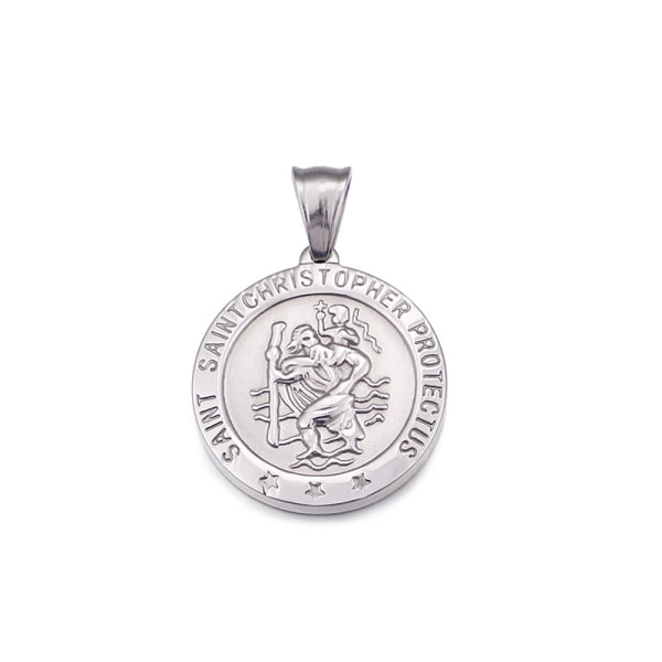 Saint Christopher Necklace Custom Engraved Round Medal Antique Religious Protective Talisman Pendant Medal - Silver Silver
