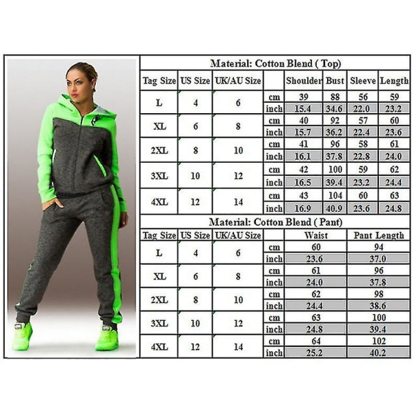 Women Colorblock Tracksuit Set Fitness Hoodie Pants Jogging Gym Sports Casual Sportswear Green Grey 3XL