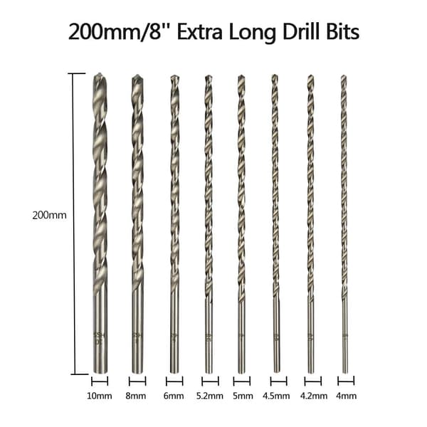 8 st 200 mm extra långt borrset, diameter 4 mm, 4,2 mm, 4,5 mm, 5 mm, 5,2 mm, 6 mm, 8 mm, 10 mm