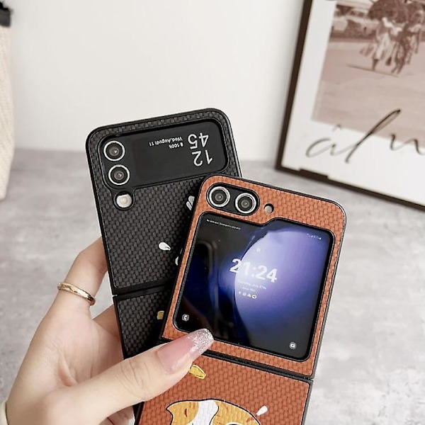 Til Samsung Galaxy Z Flip5 5g Flettet Tekstur Farvet Tegning Mønster Mobiltelefon Etui Black Sleeping Cat