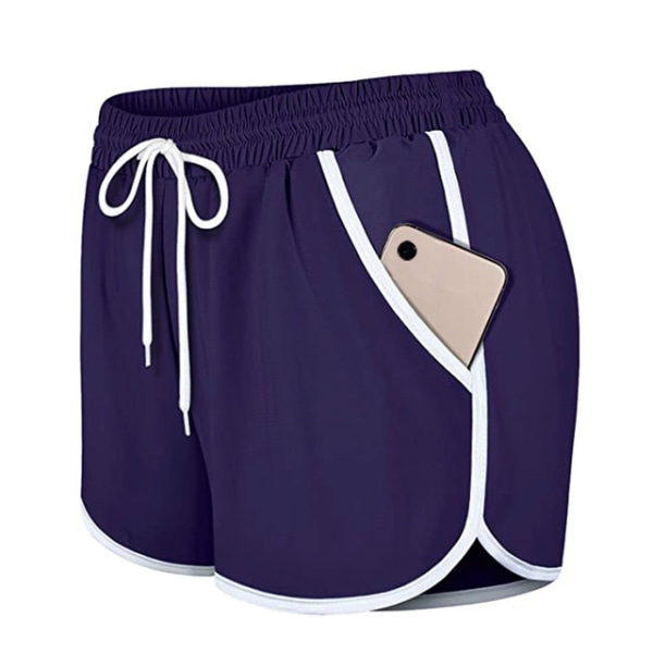 Naisten kaksikerroksiset kiristysnyörillä joustavat vyötäröiset urheilushortsit taskuilla, violetti-XXXL Purple XXXL