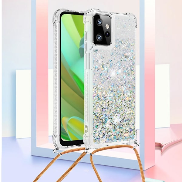 For Motorola Moto G Power 5g Case Tpu Glitter Liquid Phone Cover Med Lanyard Silver Hearts
