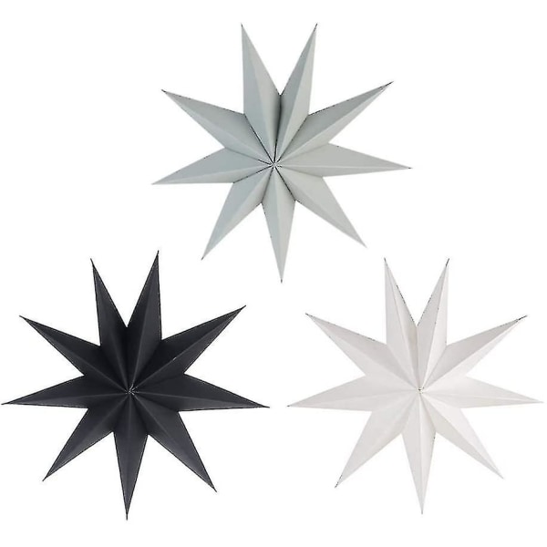 30 cm:n paperitähtikoristelusarja, jossa on 3 taitettavaa tähteä Nonagon-joulutähtikoristelu (mustavalkoinen ja harmaa)