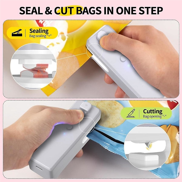 Bag Sealer, 3 i 1 Mini Bag Sealer Varmeforsegling Med Kutter & Magnet, Genopladelig Mini Chip Bag Vacuu