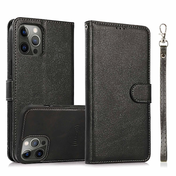 For iPhone 15 PU Læder Pung Telefon Etui Stativ 2-i-1 Aftagelig Magnetisk Cover med Rem Black