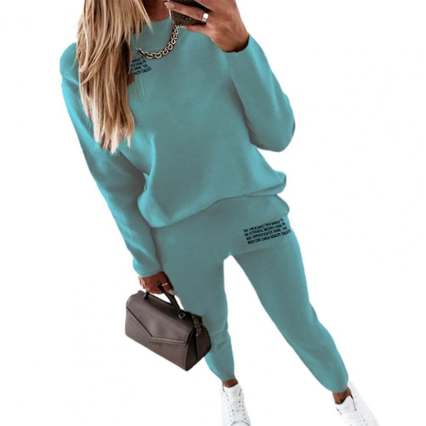 Women's Tracksuit Two Pieces Autumn Fashion Solid Casual Long Sleeve Pullover Outfits High Waist Bandage Pants Oversized Hoodies Lake Blue(72725) XL